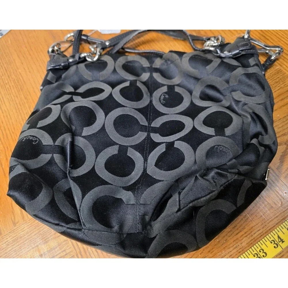 Coach Brooke 14147 Black Signature Sateen Shoulder Bag Black Leather Trim Silver